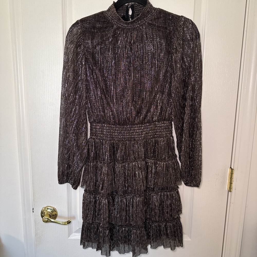 1.STATE Metallic Bronze Pleated Tiered Mini Dress Long Sleeve S Party